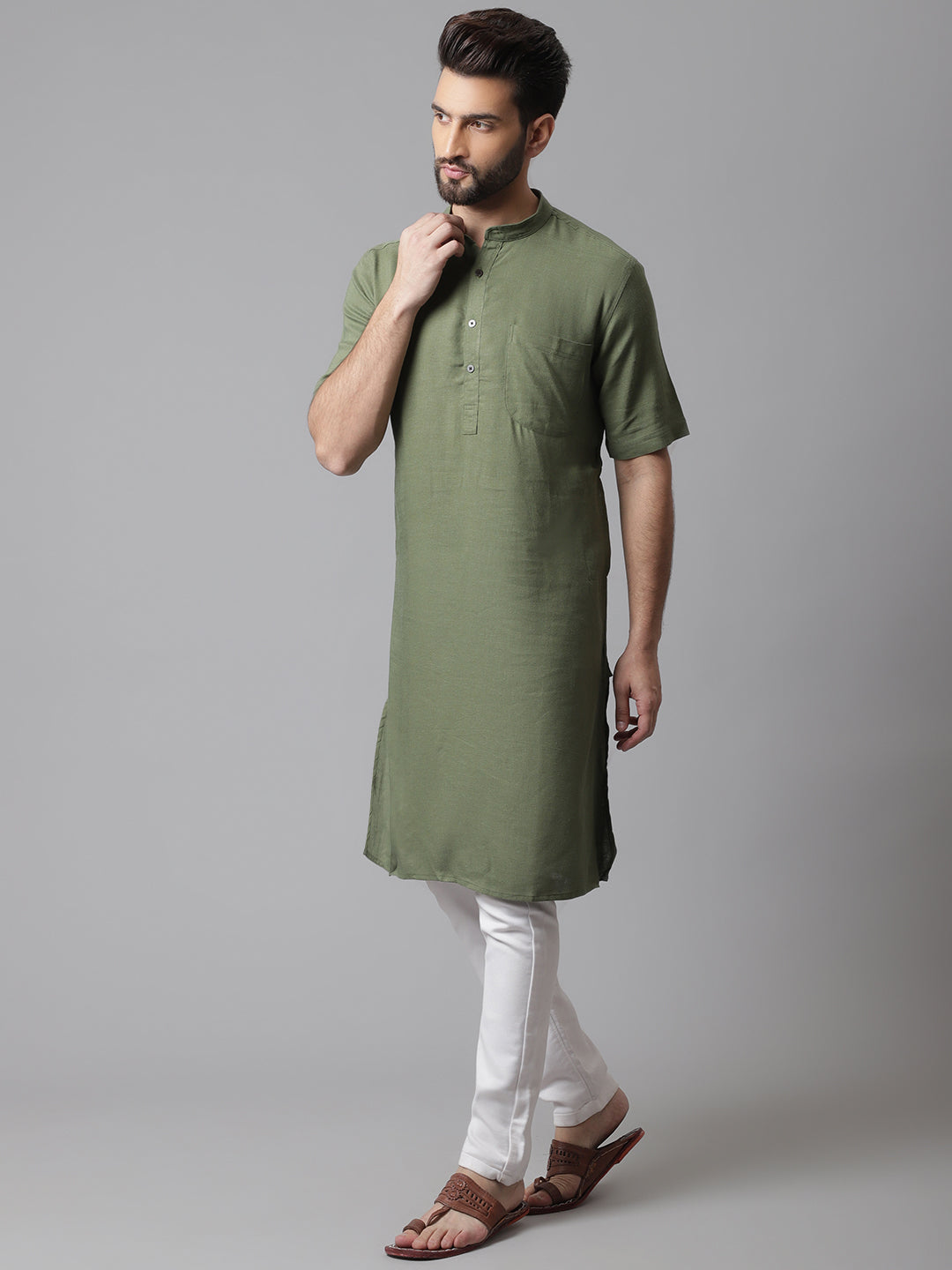 Even Apparels Green Pure Cotton Kurta With Band Collar