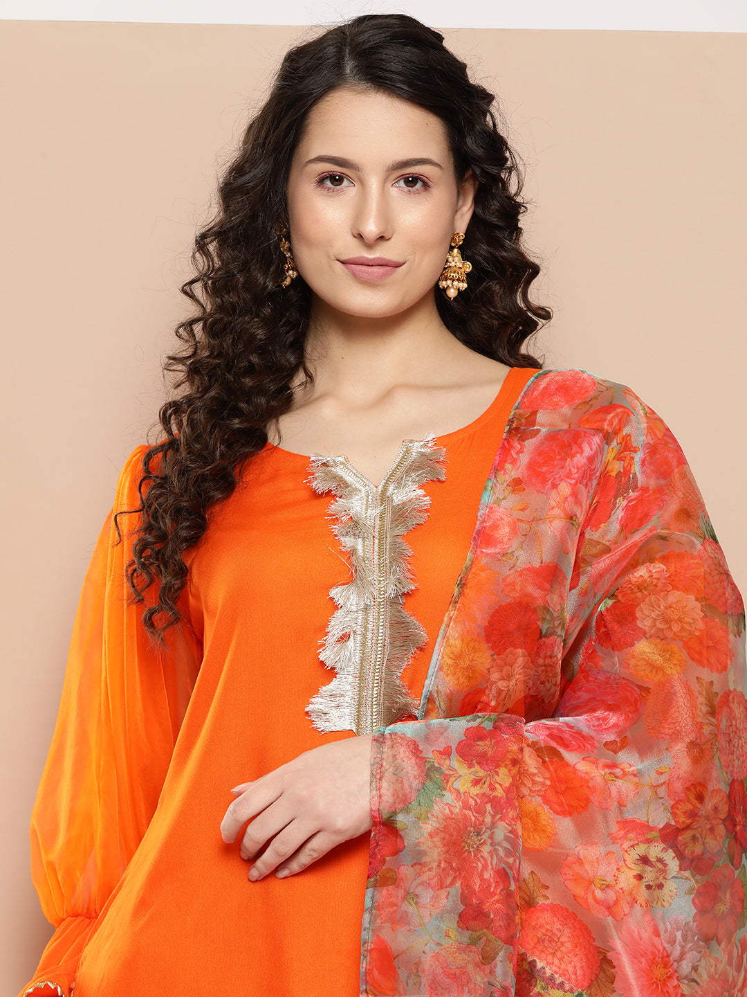 InWeave Women's Orange Organza Sleeve Kurta Set W Green Or Dupatta
