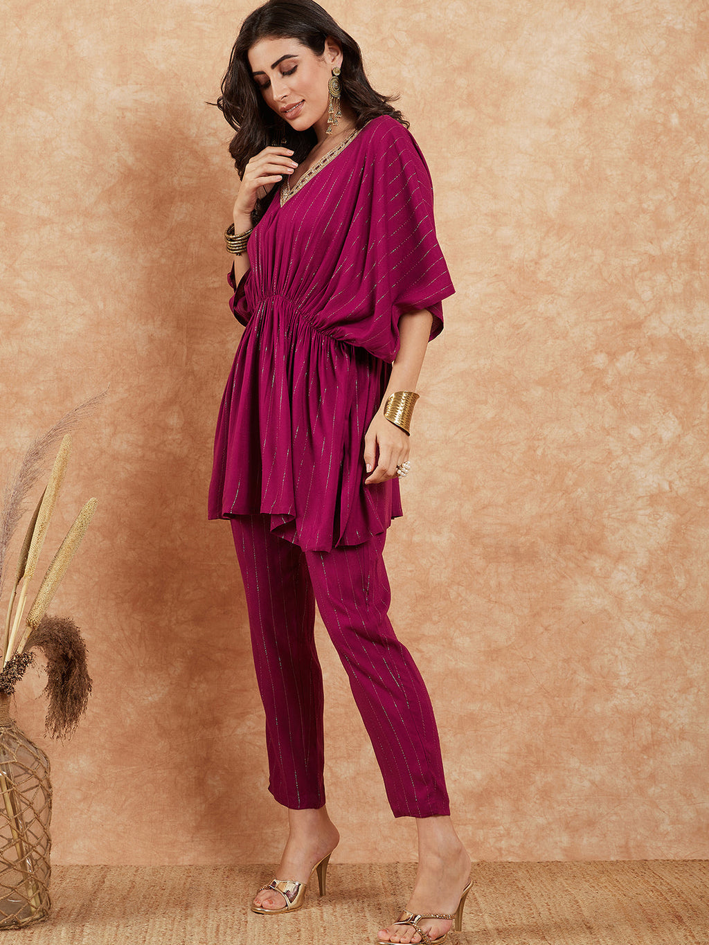 InWeave Women's Magenta Lurex V Neck Gota Kaftan Style Kurta Set