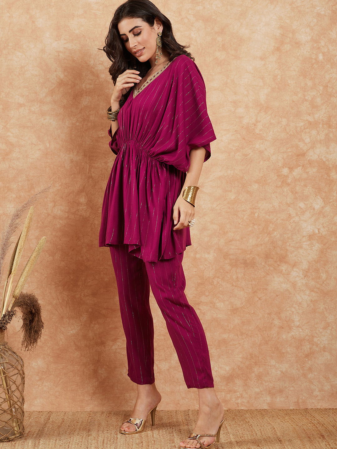 InWeave Women's Magenta Lurex V Neck Gota Kaftan Style Kurta Set