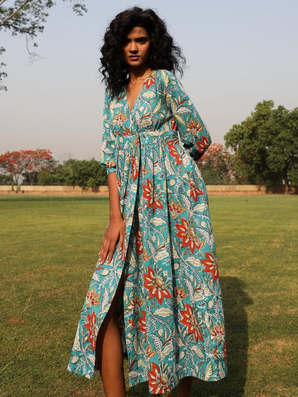 trueBrowns Teal Cotton Block Print Wrap Dress
