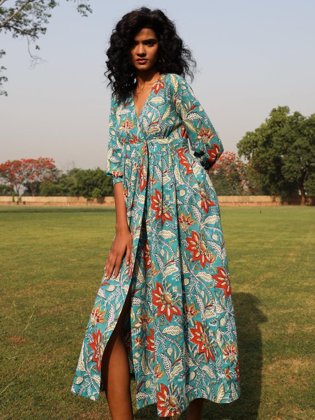 trueBrowns Teal Cotton Block Print Wrap Dress