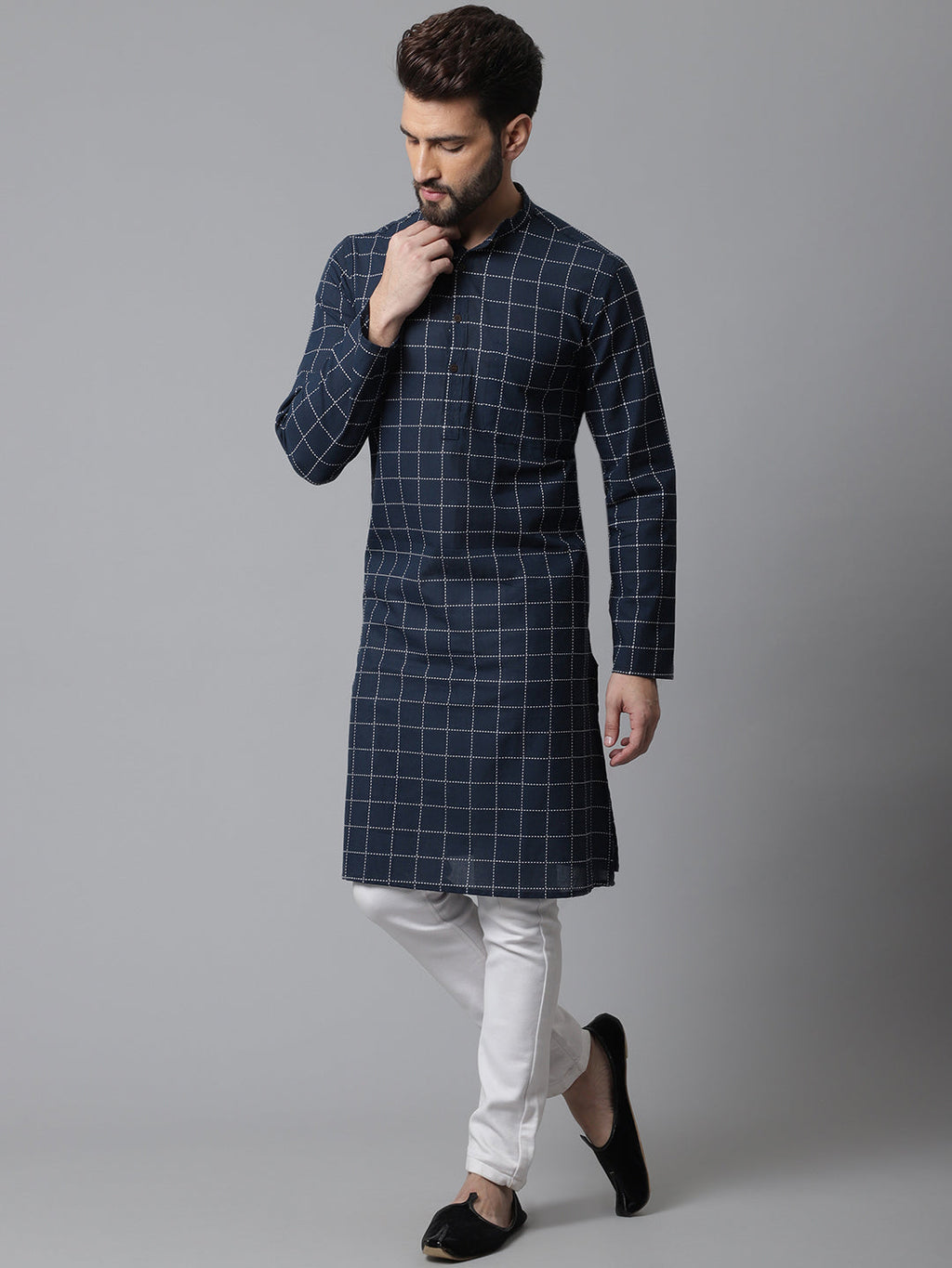 Even Apparels Blue Solid Kurta With Band Collar