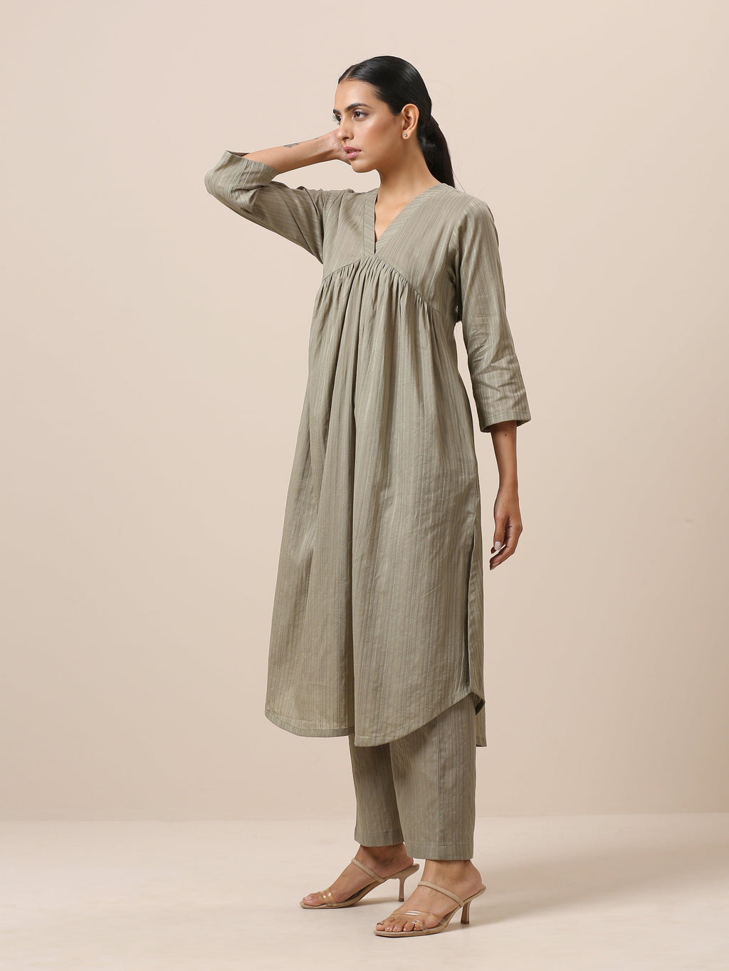 trueBrowns Cotton Olive Green Flared Slit Kurta Pant Set
