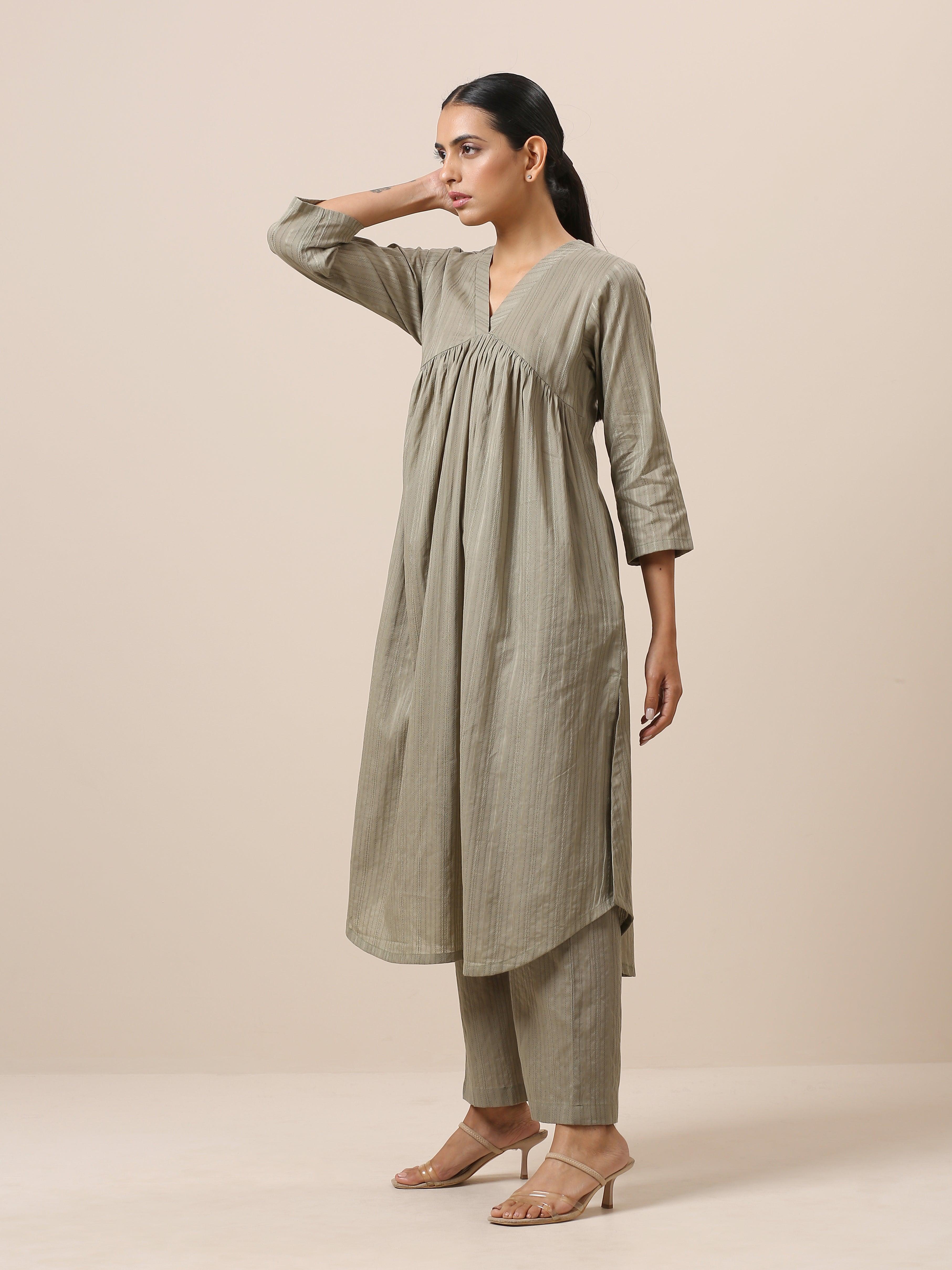 trueBrowns Cotton Olive Green Flared Slit Kurta Pant Set