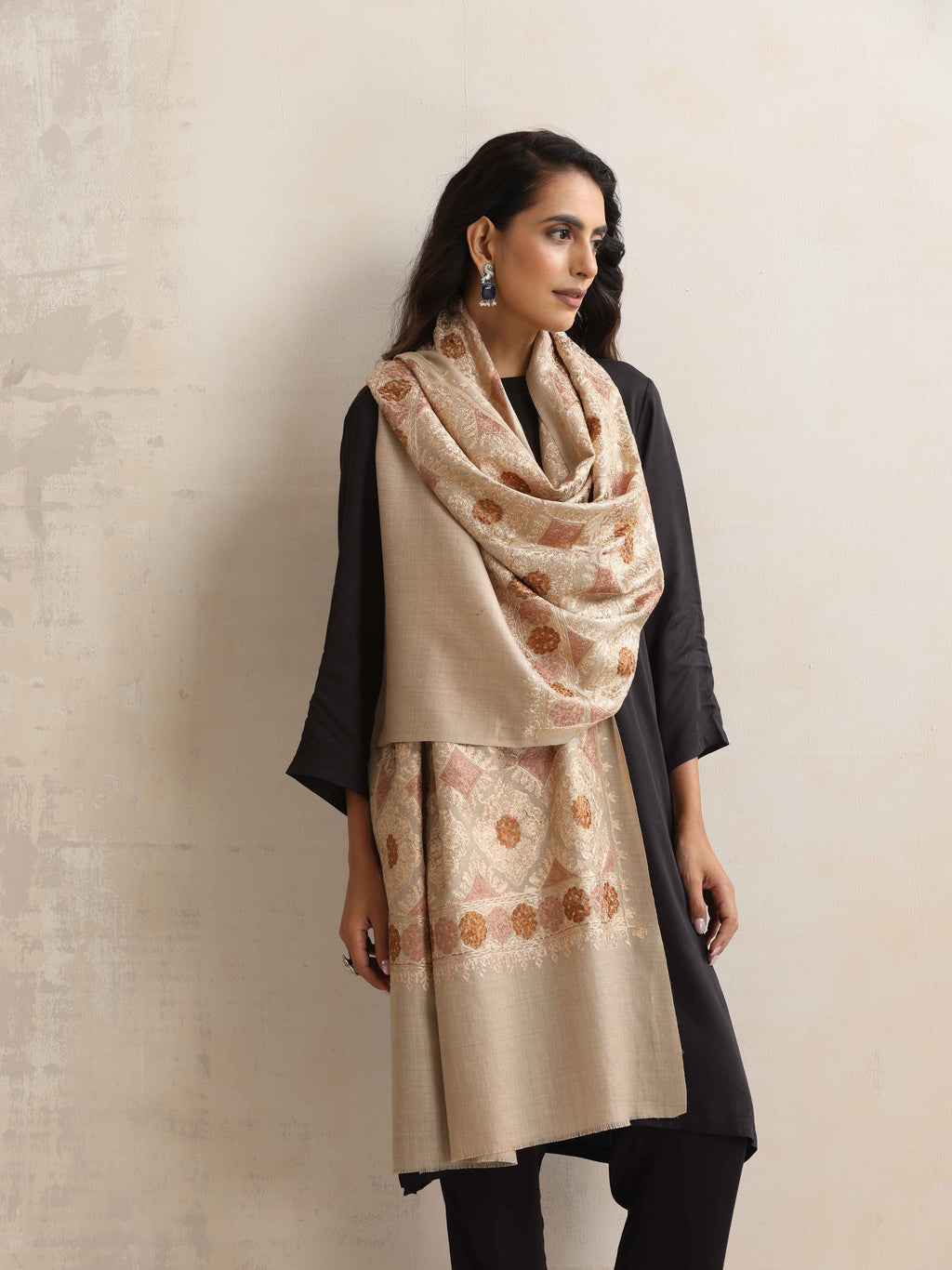 trueBrowns Beige Geometric Embroidered Woollen Stole