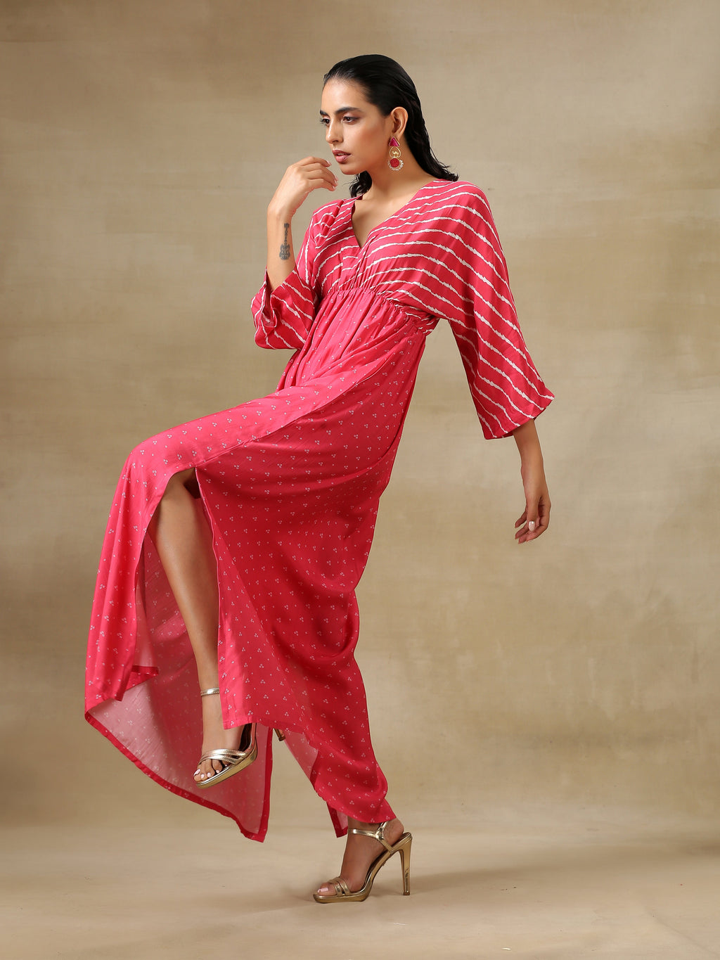 trueBrowns Pink Bandhani Printed Silk Drop Shoulder Dress