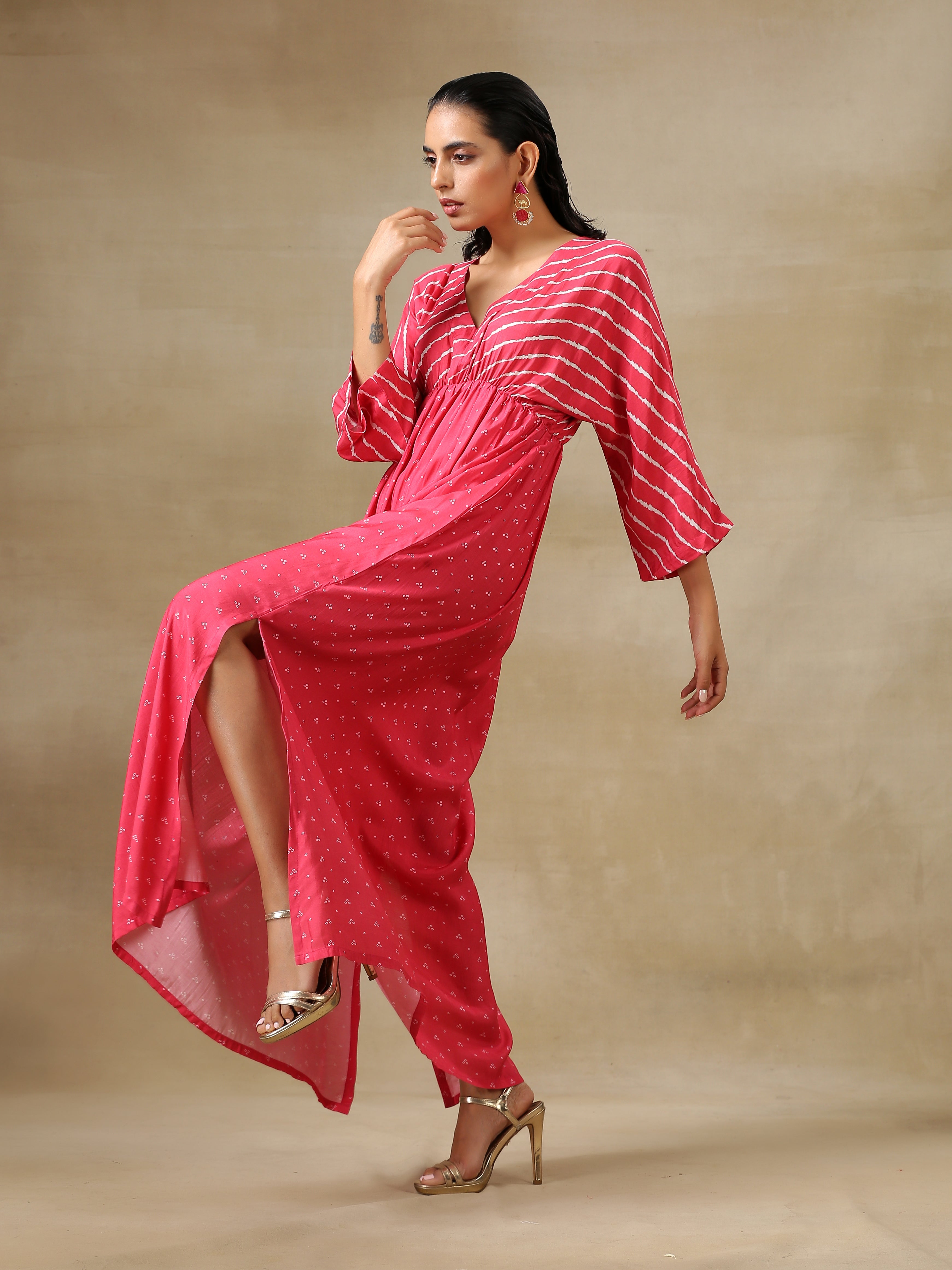trueBrowns Pink Bandhani Printed Silk Drop Shoulder Dress