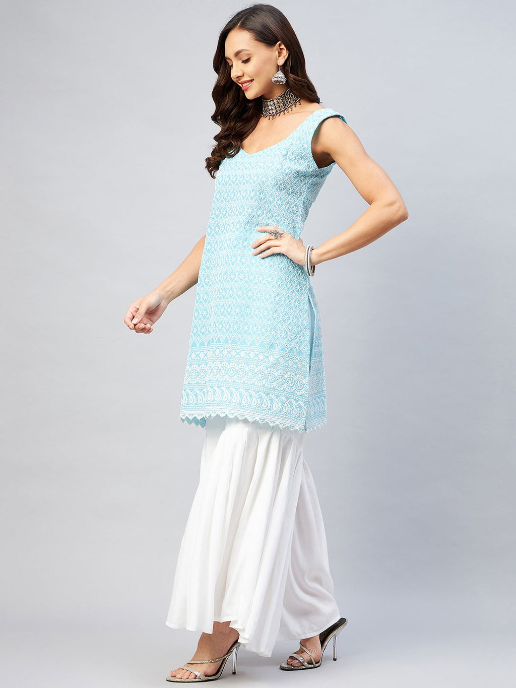 InWeave Women's Sky Blue Sweetheart Neckline Kurta