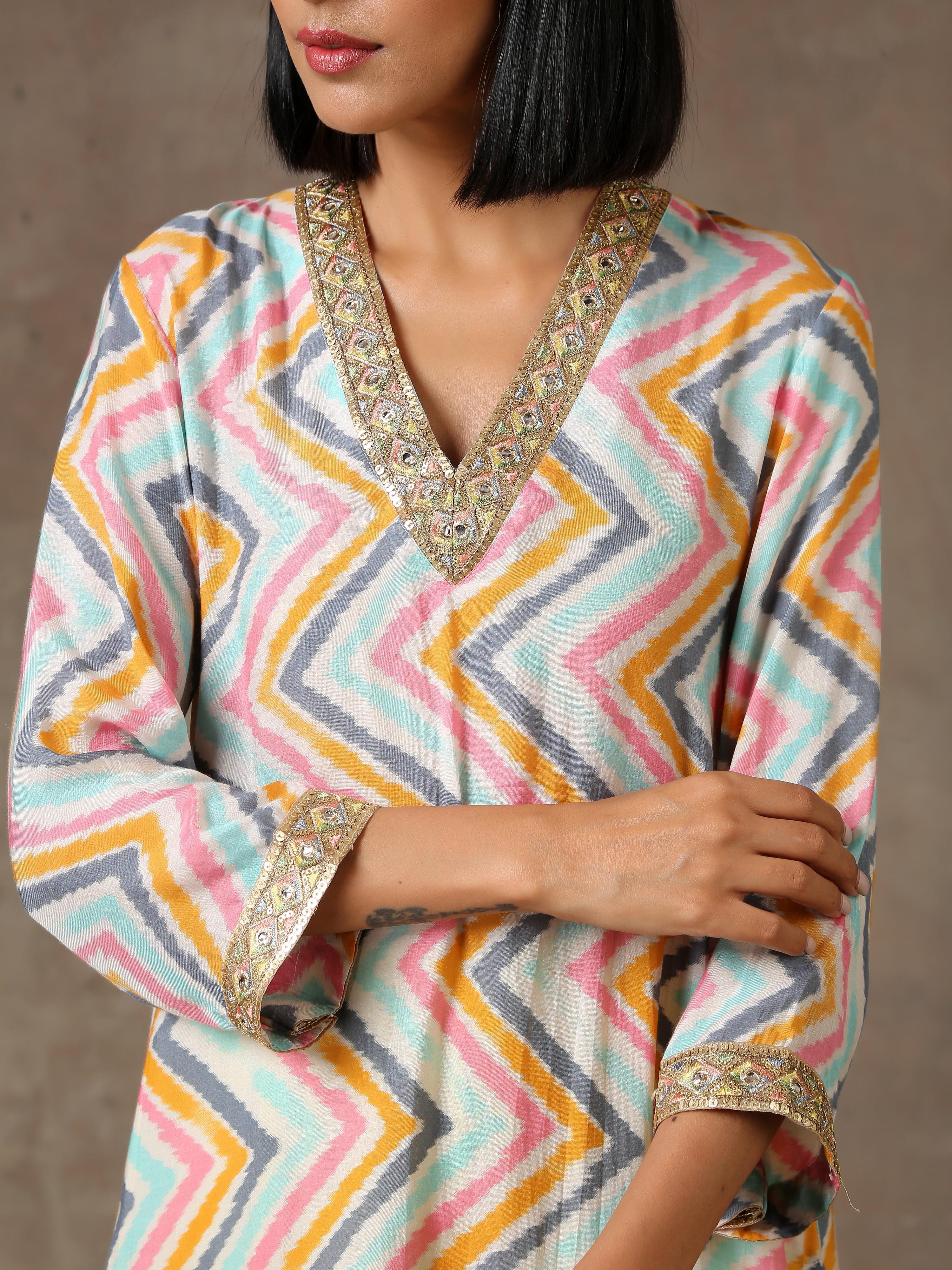 trueBrowns Multicolour Lehariya Printed Silk Kurta Pant Set