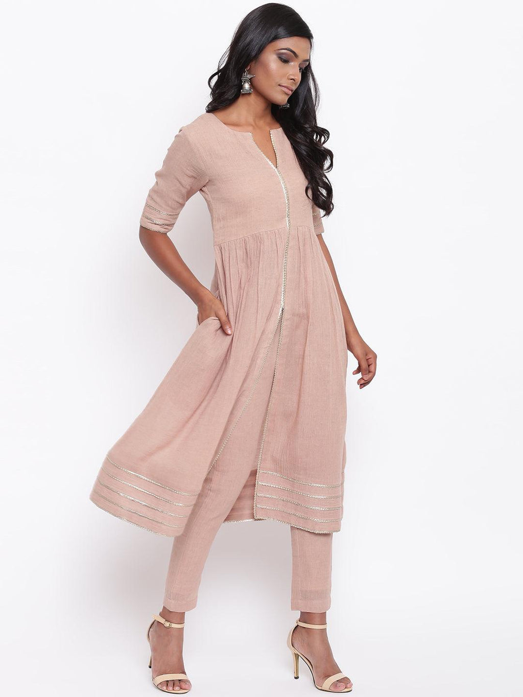 trueBrowns Pure Cotton Beige Gota Slit Kurta Set
