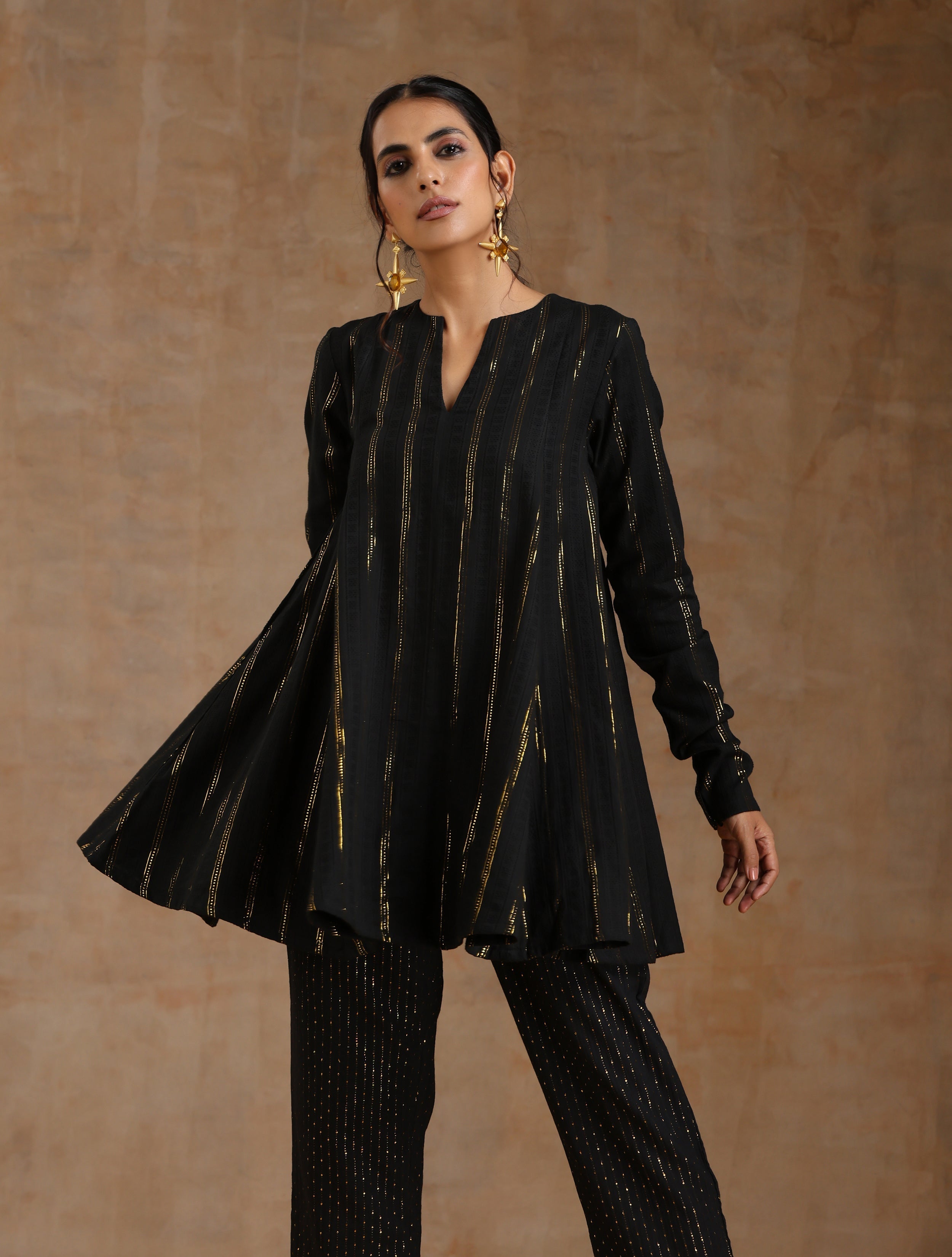trueBrowns Black Gold Cotton Flared Co-Ord Set