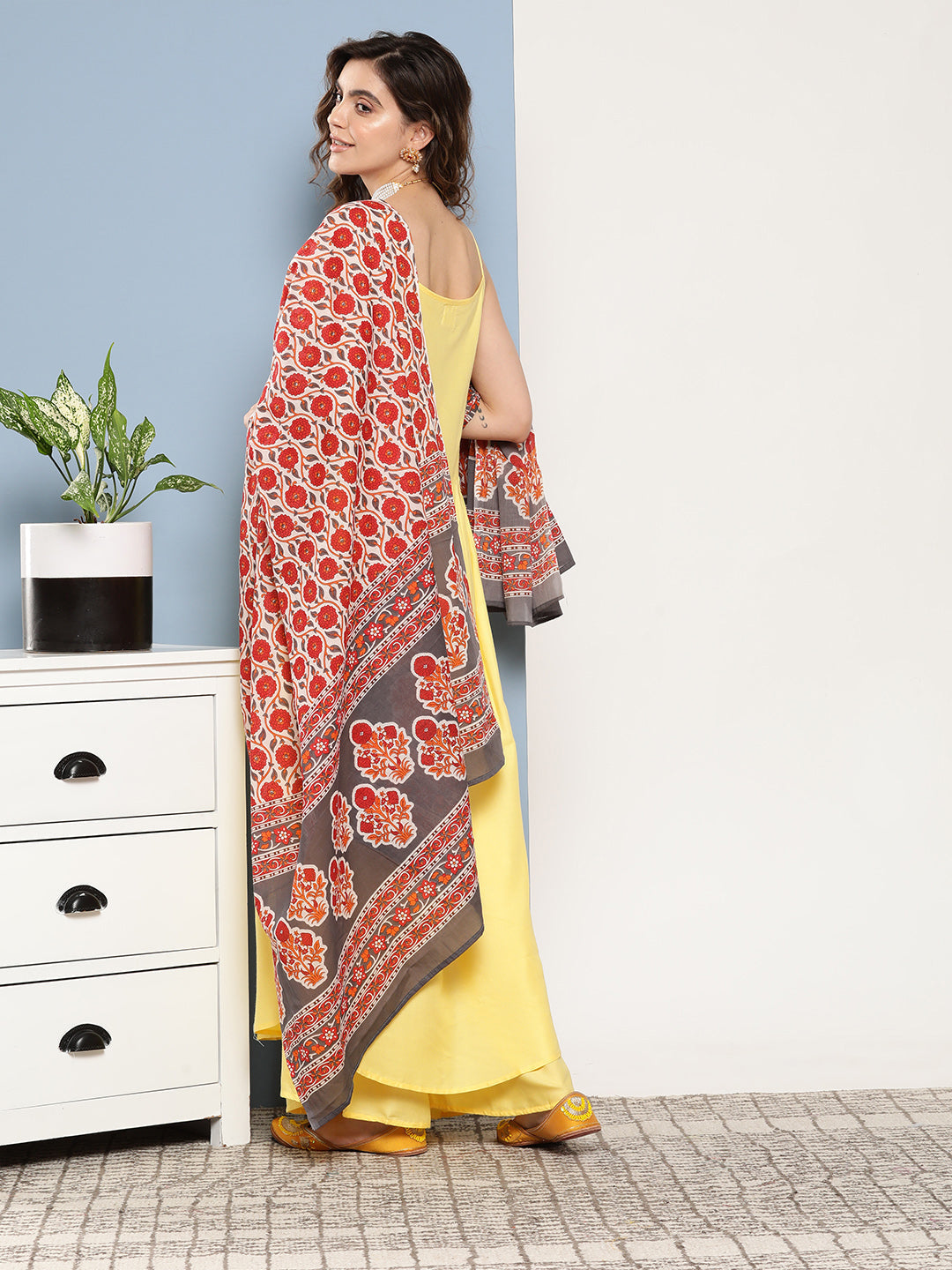 InWeave Women's Light Yellow Ray Strappy Set With Orange Floral Cotton Dupatta