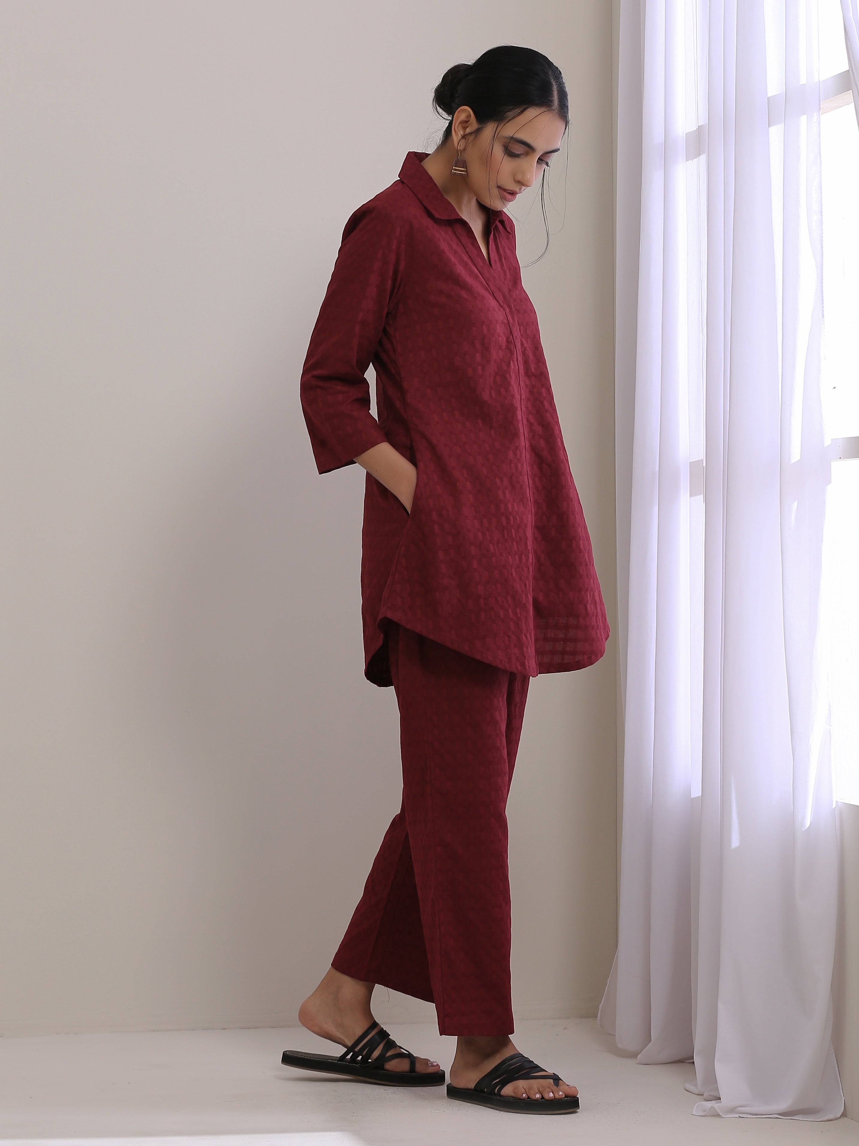 trueBrowns Ruby Wine Dobby Collar Short Co-Ord Set