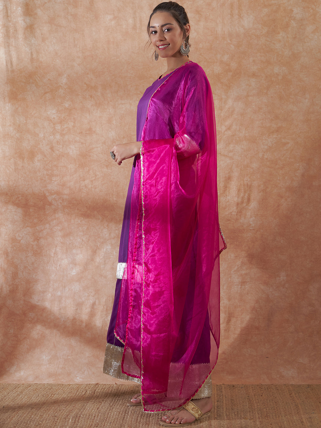 InWeave Women's Purple Gota Work Anarkali Kurta Set W Dupatta