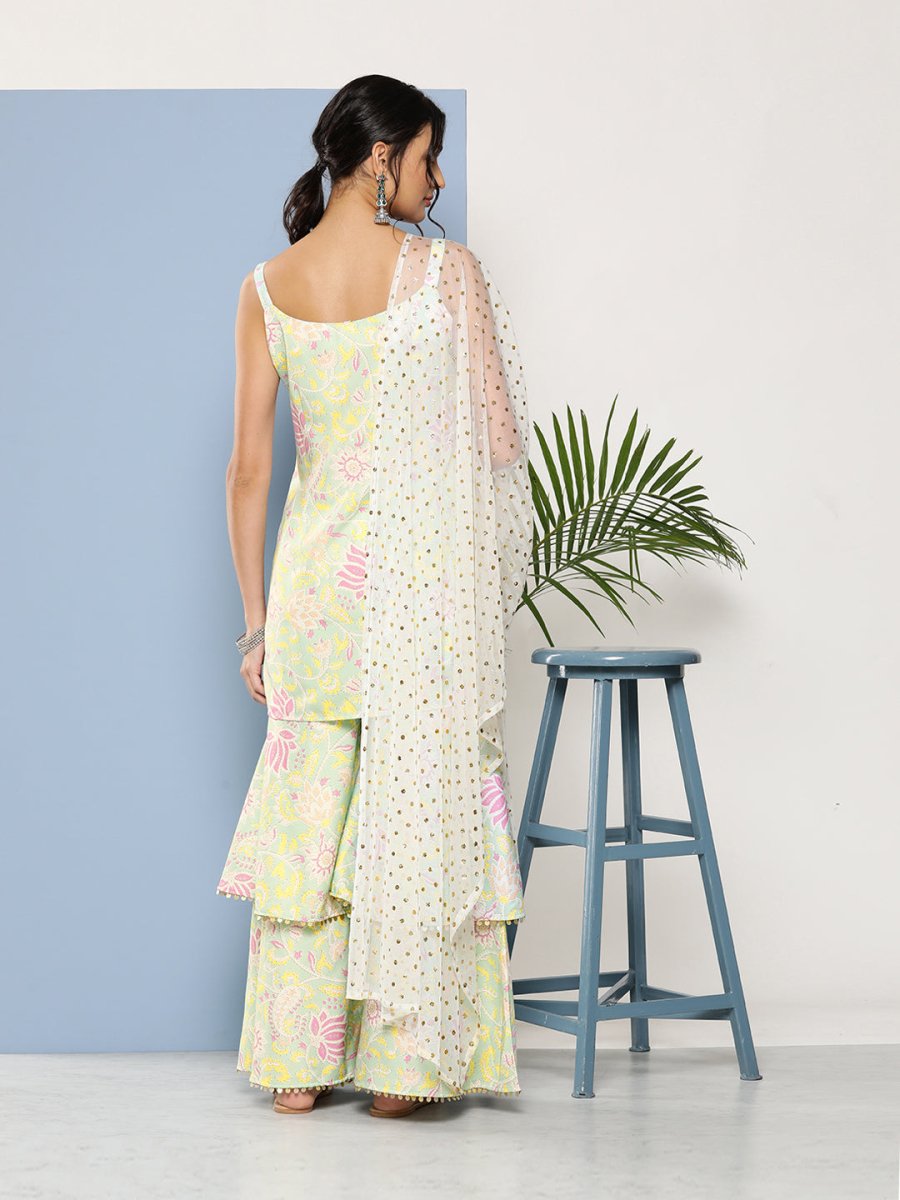 Ahalyaa Women Sea Green Floral Printed Gotta Patti Kurti with Sharara & With Dupatta