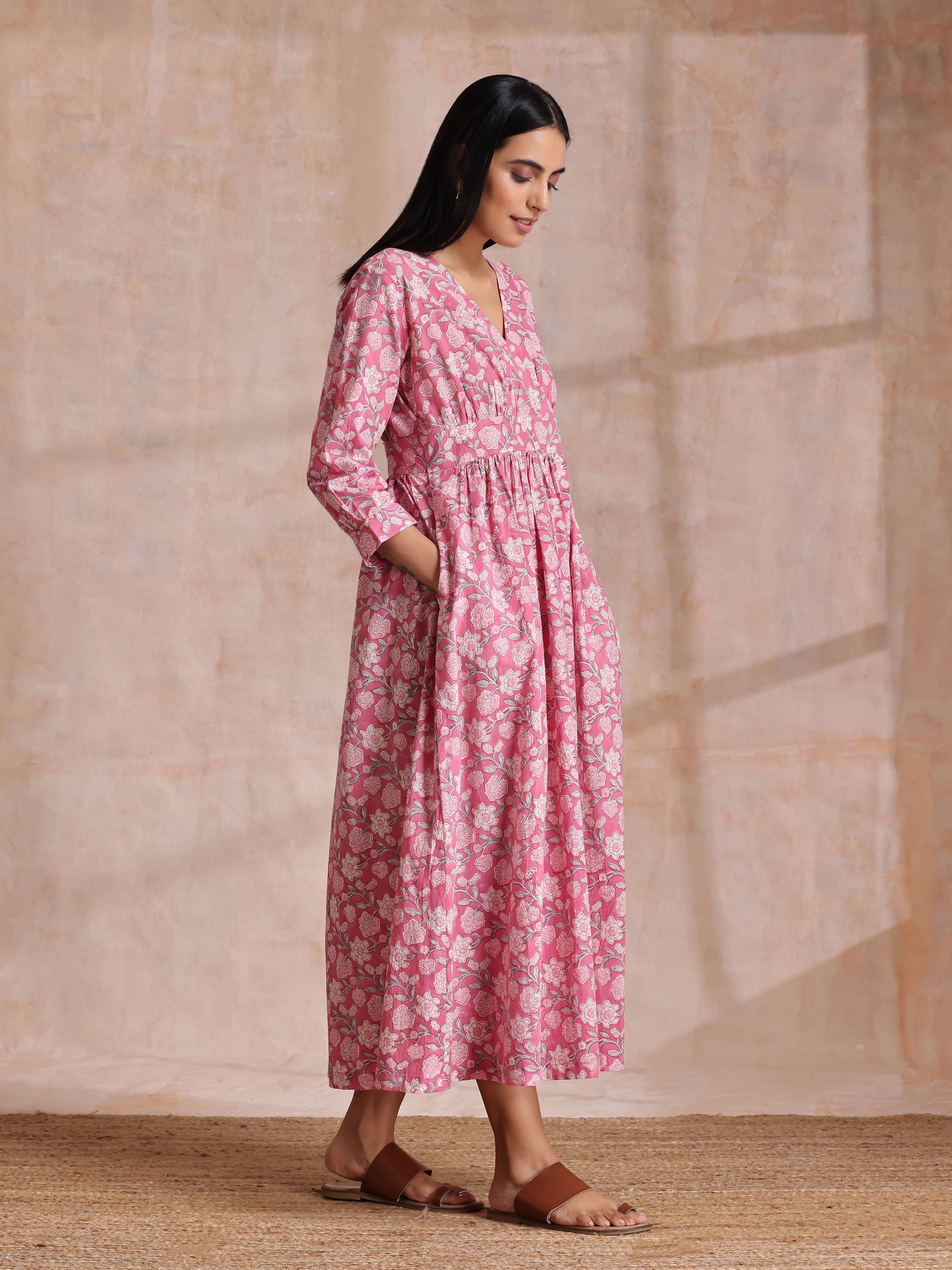 trueBrowns Pink Overall Floral Block Print Cotton Wrap Dress