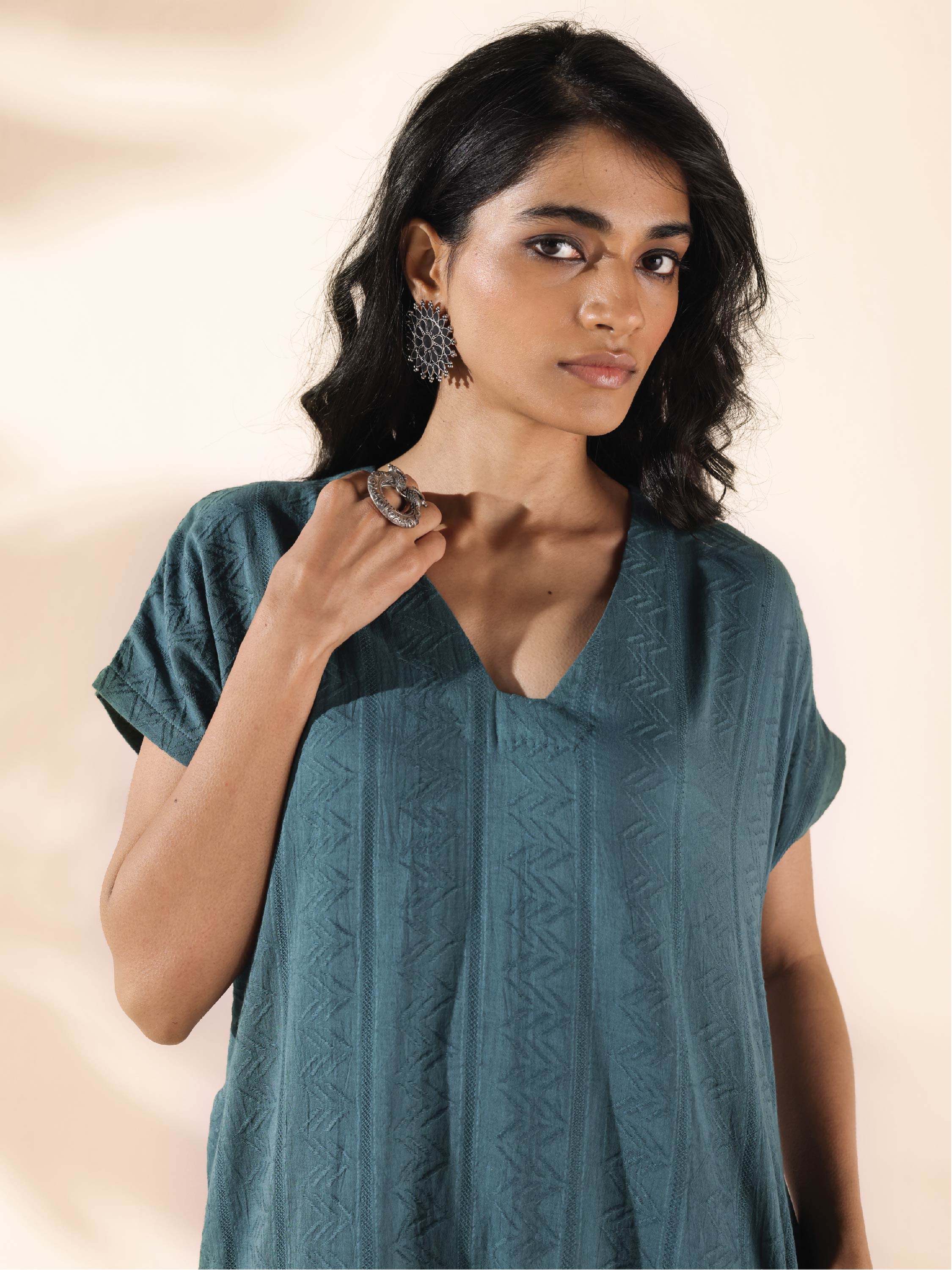 trueBrowns Turquoise Cotton Dobby Dress