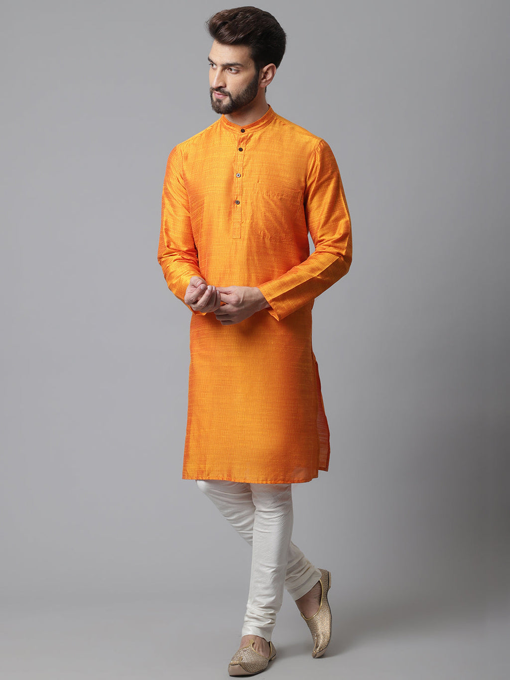 Even Apparels Orange Solid Kurta With Band Collar
