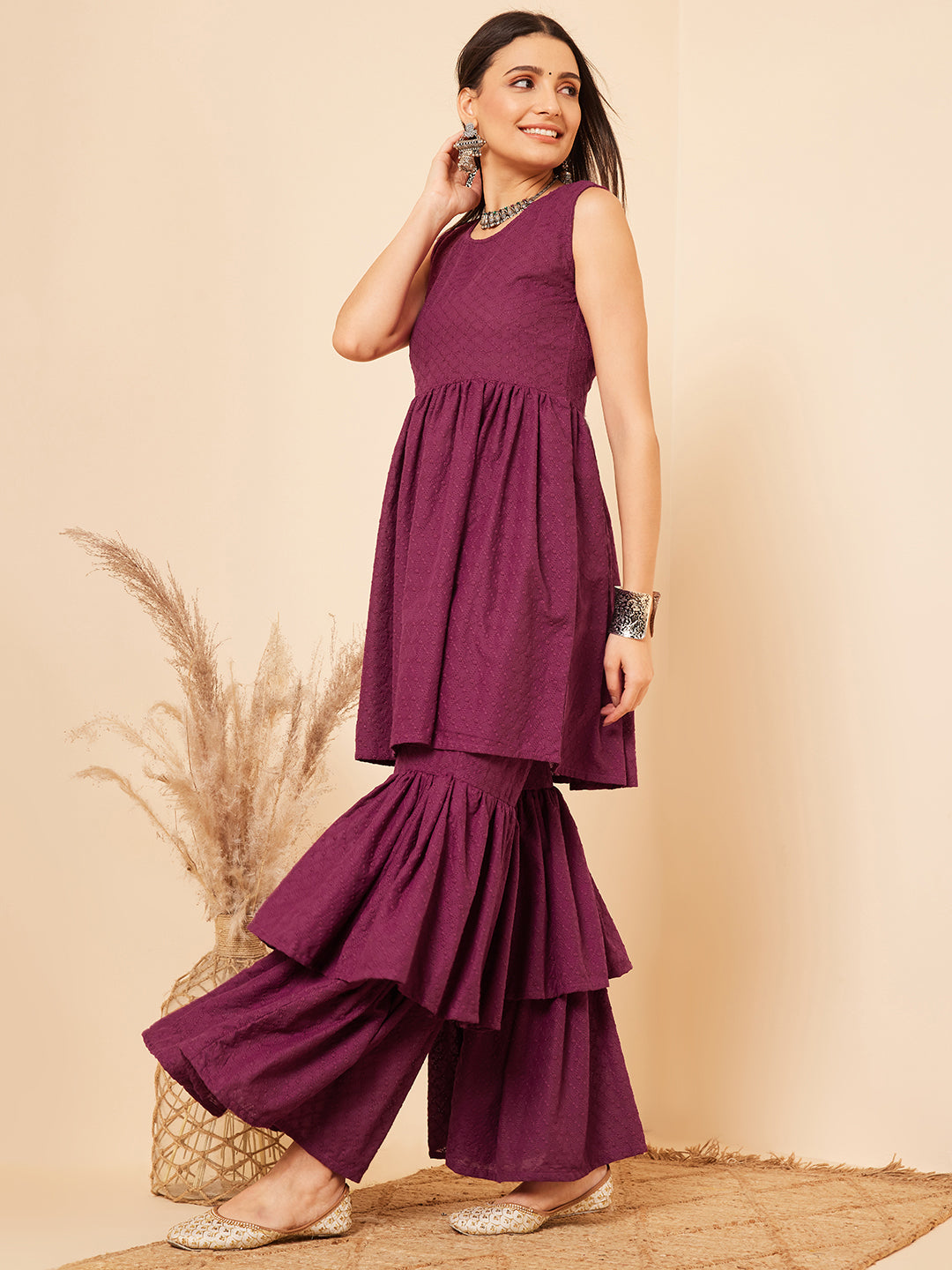 InWeave Women's Purple Lace Work Double Layer Sharara Set