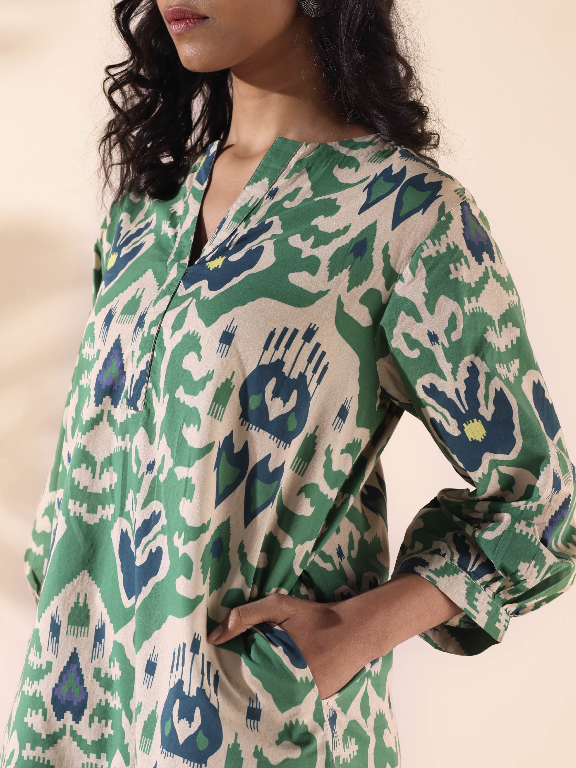 trueBrowns Green Cotton Ikat Relaxed Co-ord Set