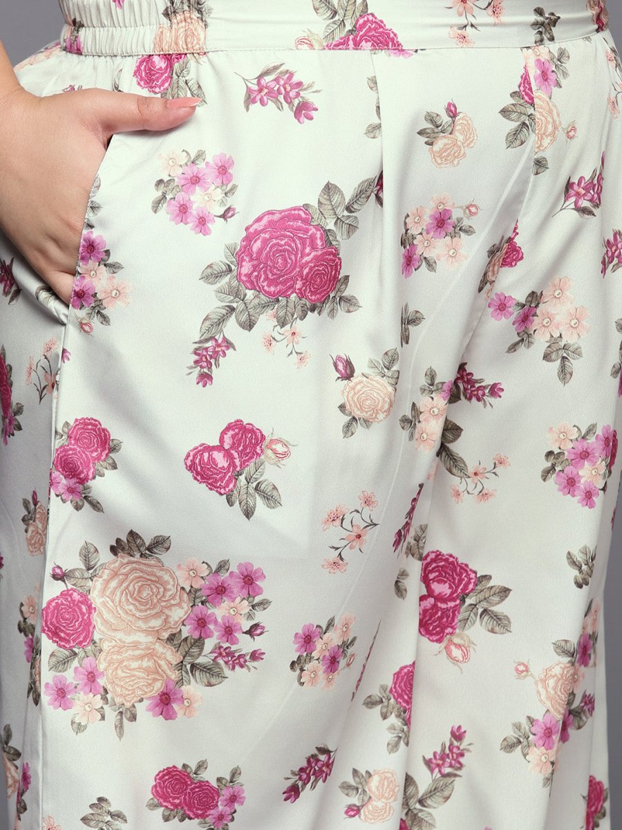 Ahalyaa Plus Size Floral Printed Zari Kurta with Palazzos & With Dupatta