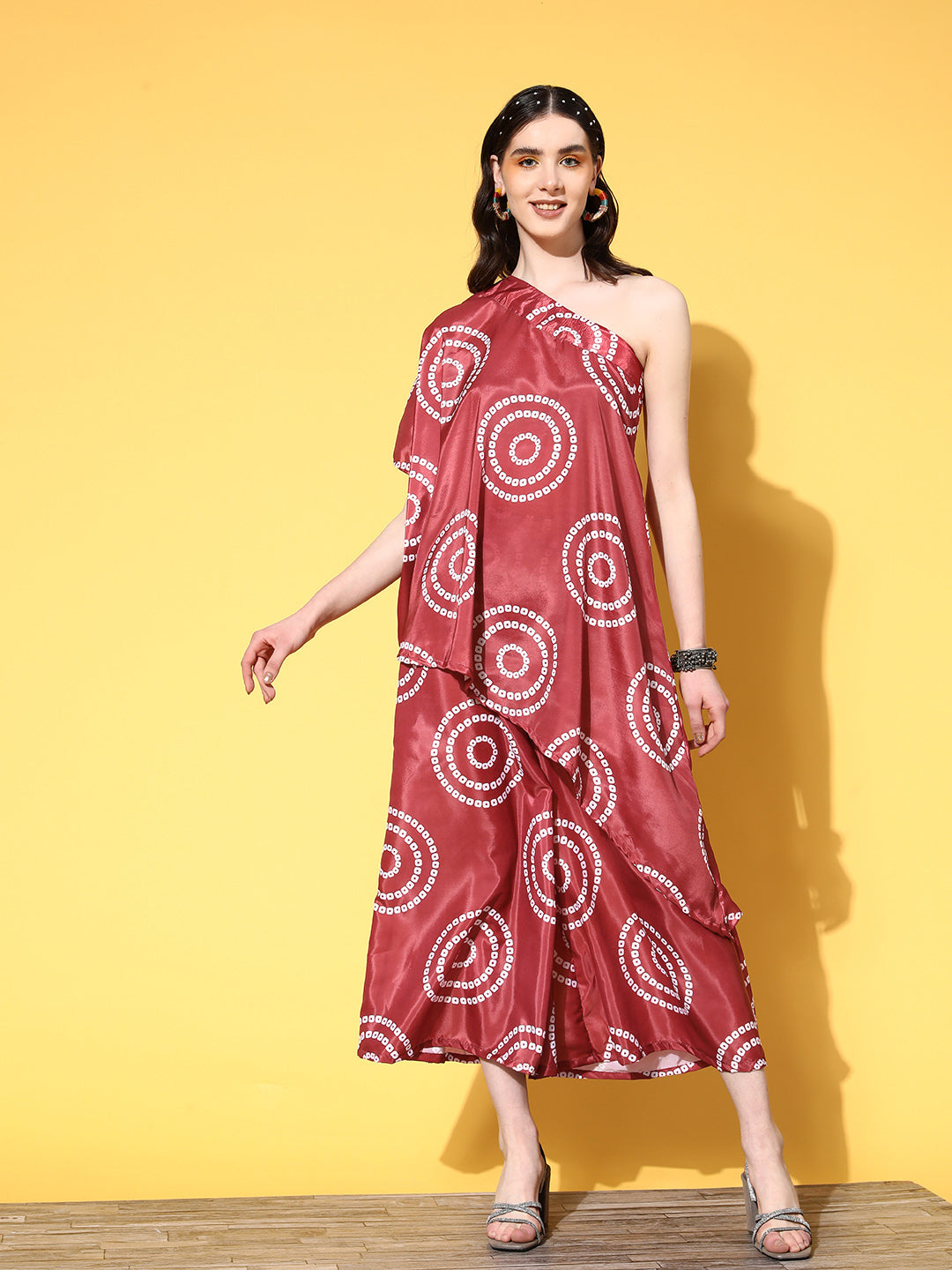 InWeave Women's Maroon Bandhani Motif One Shoulder Palazzo Set
