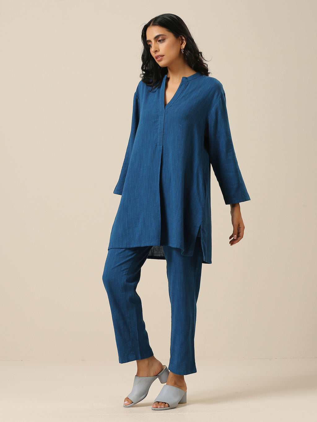 trueBrowns Classic Blue Slub Texture Relax Fit Co-Ord Set