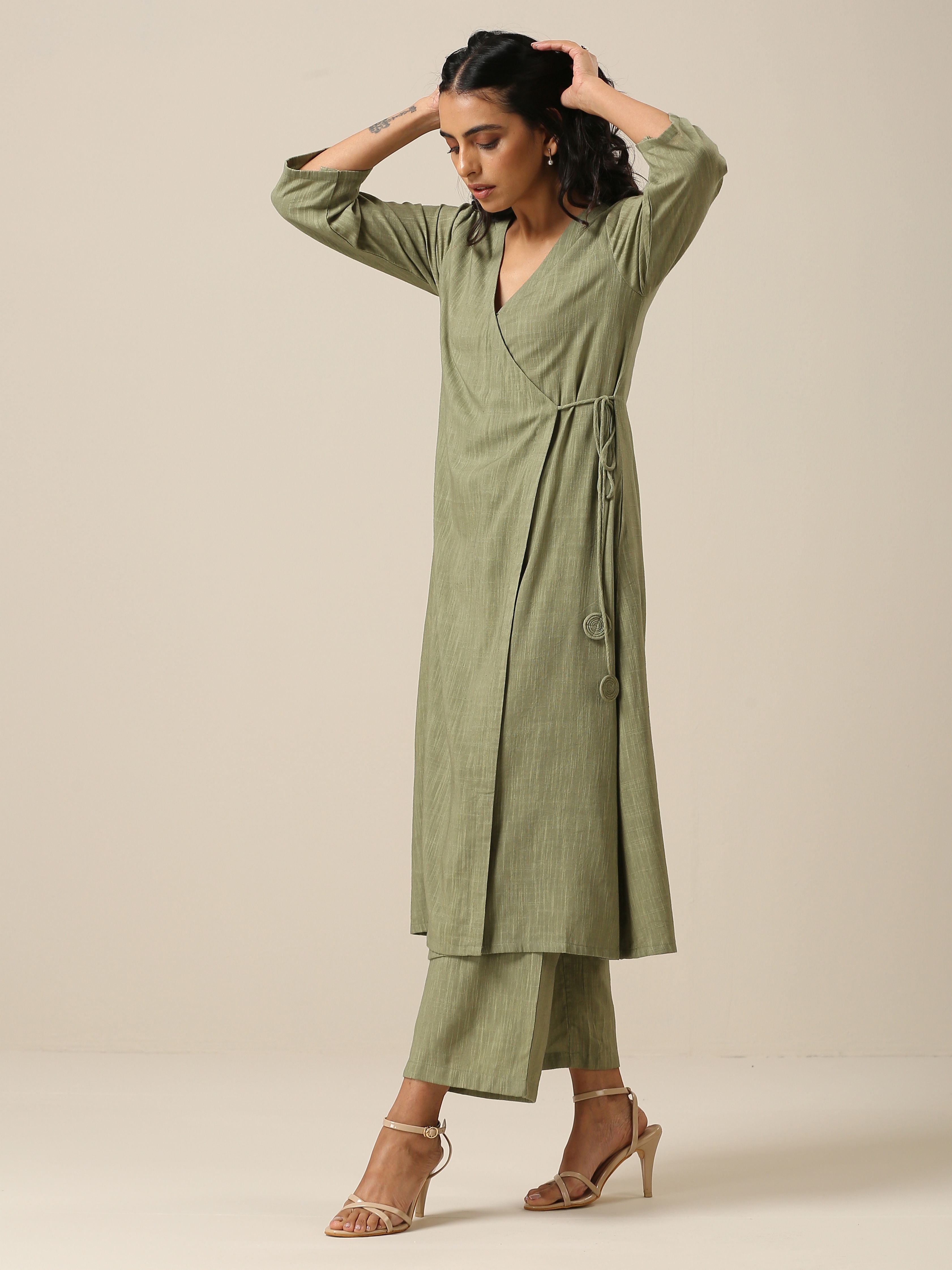 trueBrowns Sage Slub Texture Angrakha Pant Set