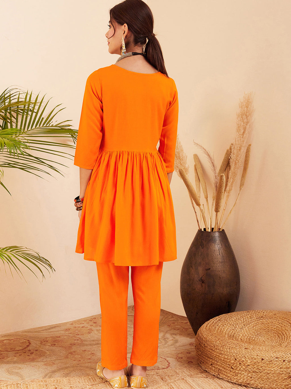 InWeave Women's Orange Round Neck Square Gota Work Kurta Pant Set