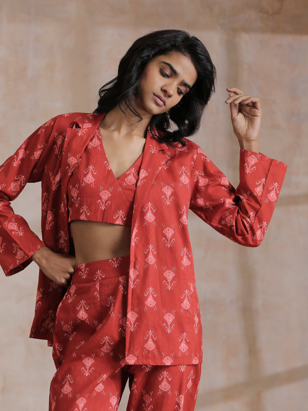 trueBrowns Red On Red Ikat Print Cotton Pant Suit Set