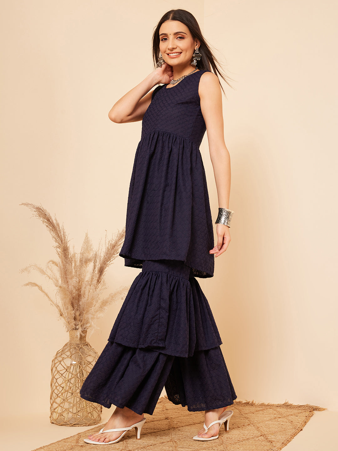 InWeave Women's Navy Blue Lace Work Double Layer Sharara Set