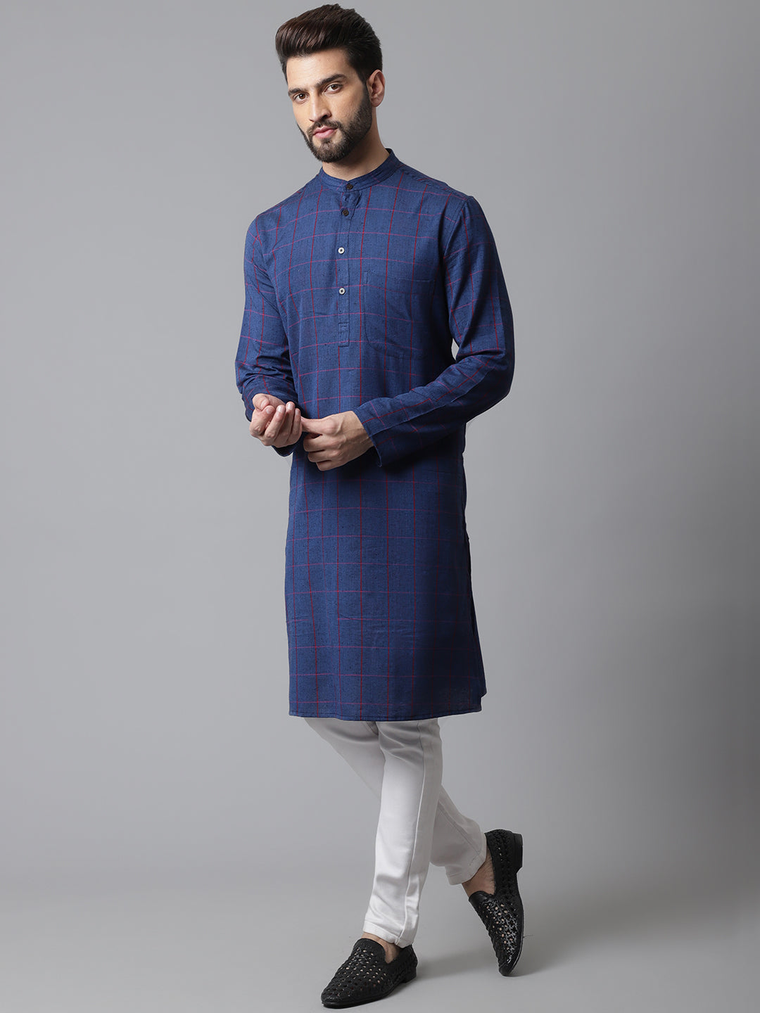 Even Apparels Blue Long Kurta With Band Collar
