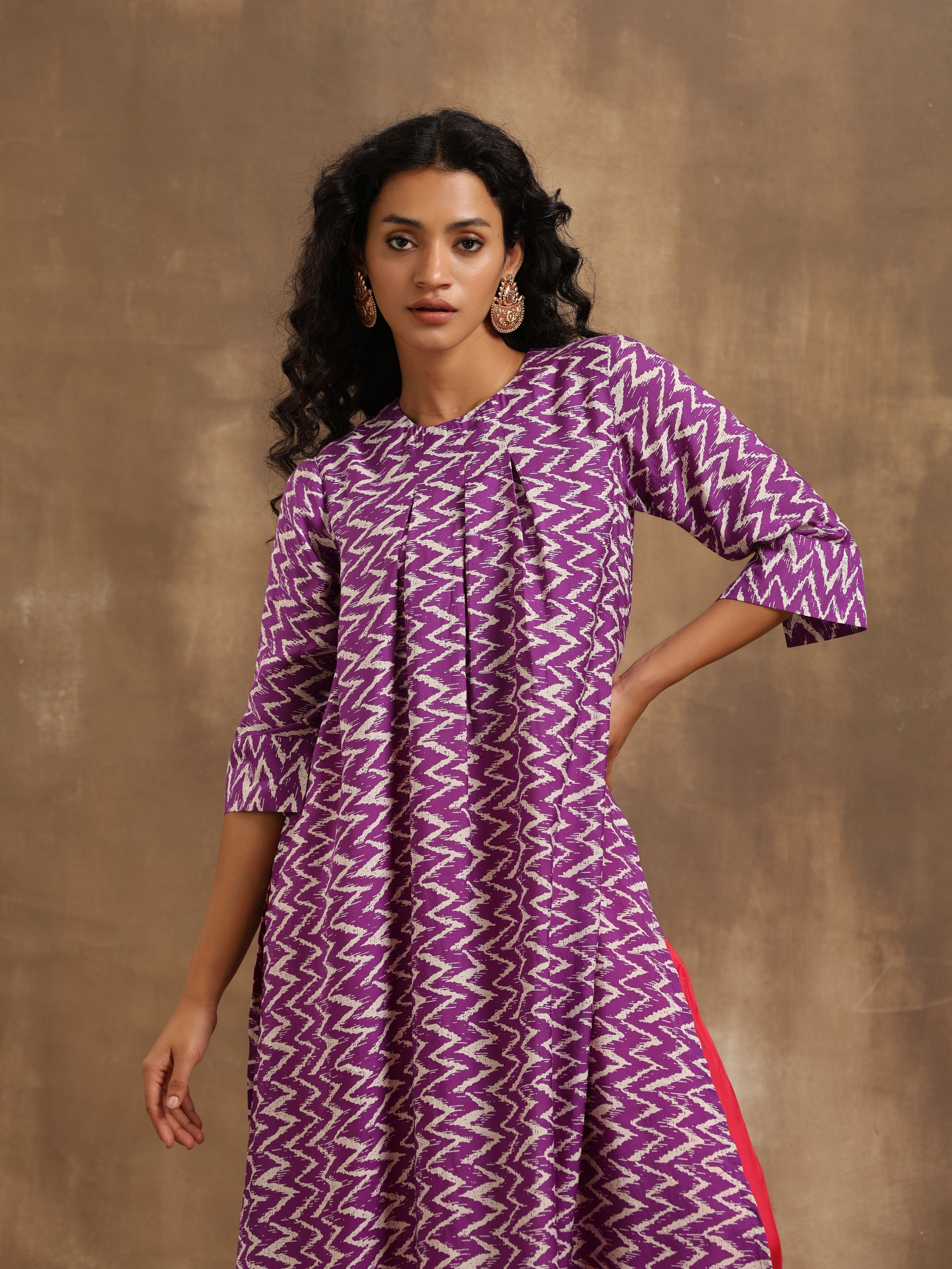 trueBrowns Purple Zig-Zag Printed Silk Kurta Pant Set