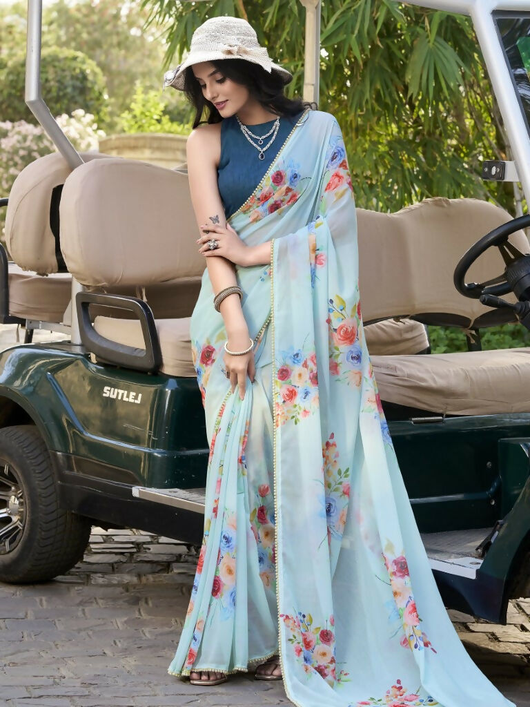 Vastranavya Sea Blue Weightless Marble Printed & Pearl Lace Border Saree with Unstitched Blouse