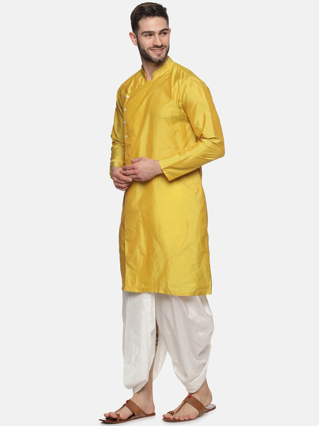 Sethukrishna Men Yellow Angrakha Top with Dhoti Pants