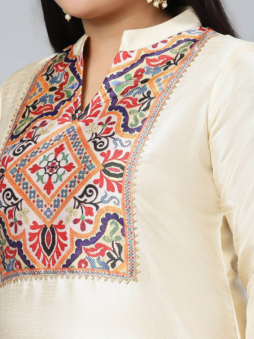 Sztori Plus Size Ethnic Motifs Printed Mandarin Collar Straight Kurta with Palazzos