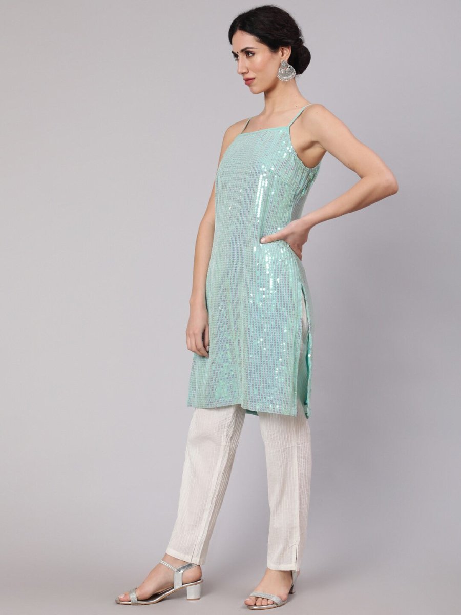 Aks Geometric Embroidered Sequinned Georgette Straight Kurta