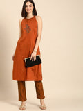 All About You Women Orange Floral Print Embroidered Regular Kurta with Trousers