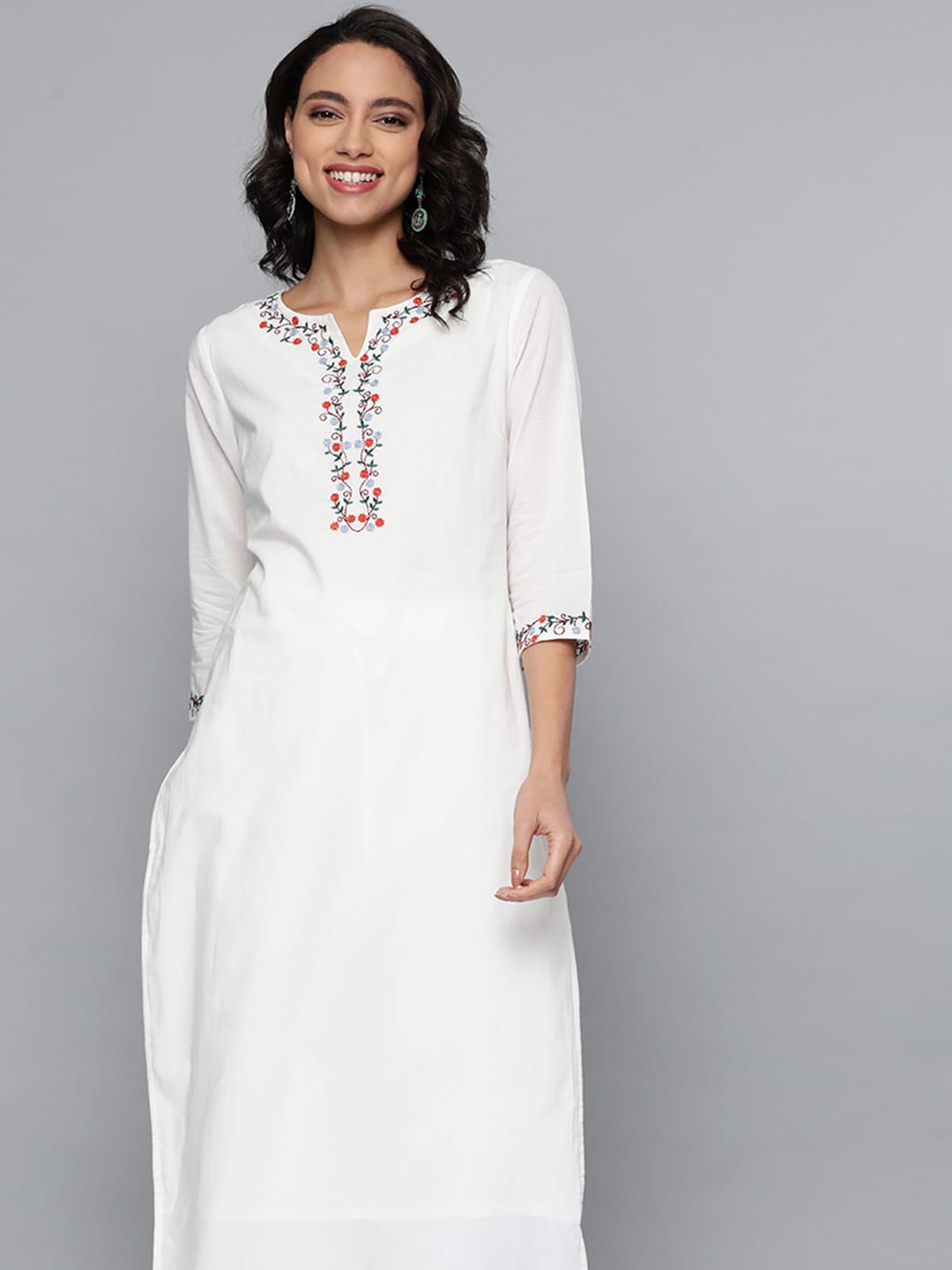 HERE&NOW Women White Cotton Straight Thread Work Kurta