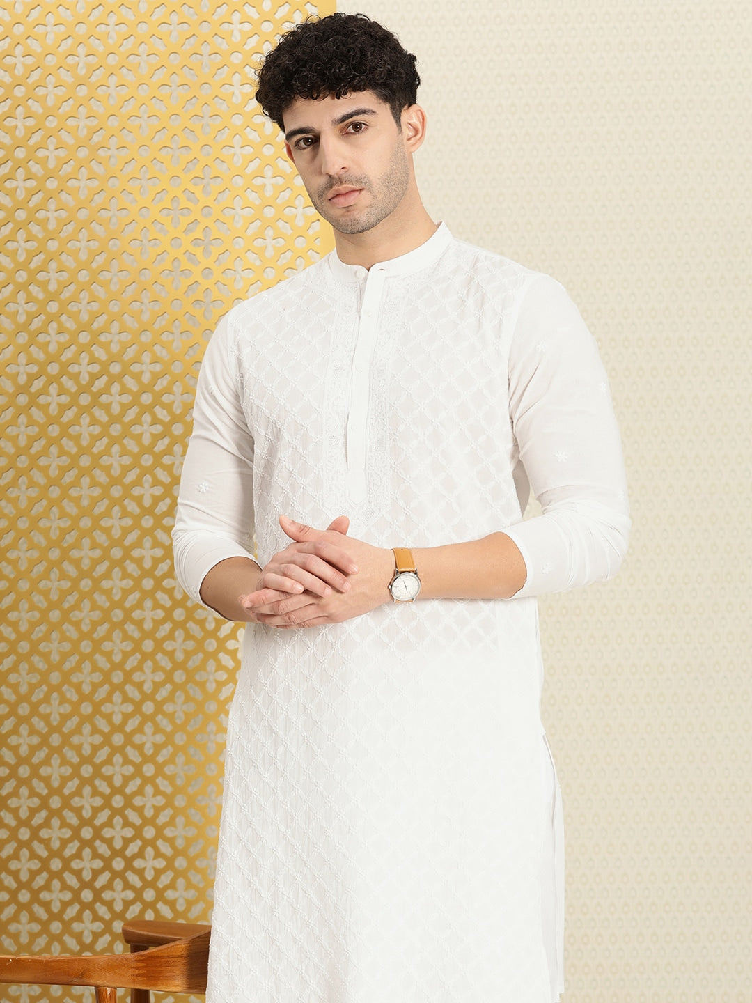 House of Pataudi Men Chikankari Embroidered Pure cotton Jashn Kurta with Churidar