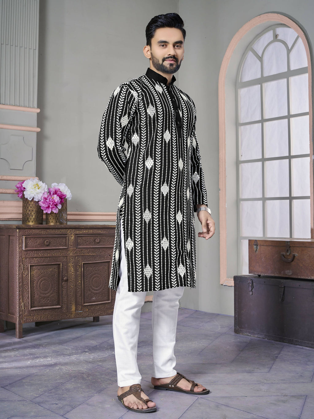 Black Men Kurta Set Embroidered with Sequins Work by Infinity Export