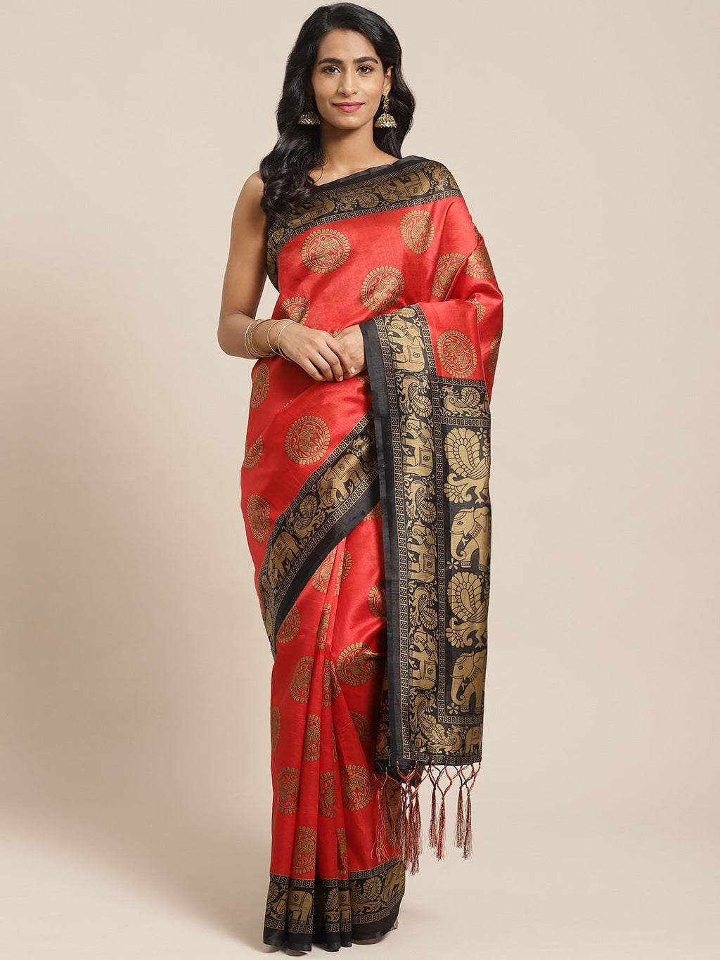Saree Mall Red & Beige Printed Bhagalpuri Saree