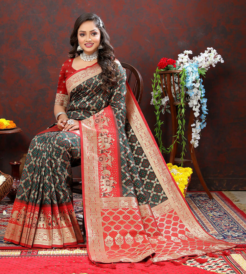 Lorenvalley Fashion Green & Red Patola Silk Woven Design Meenakari Weaving Saree