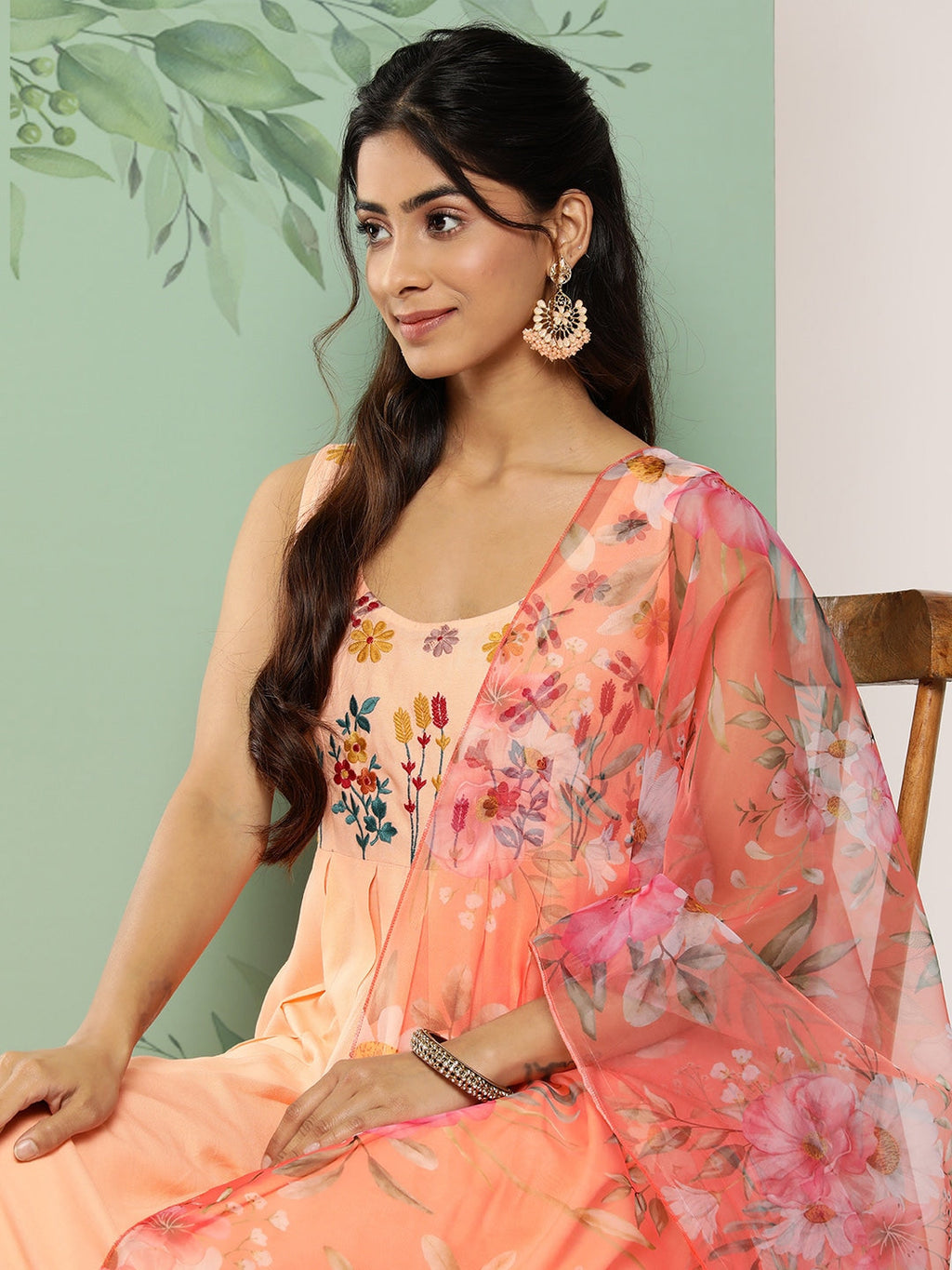 HERE&NOW Women Floral Yoke Design Pleated Thread Work Kurta with Trousers & Dupatta