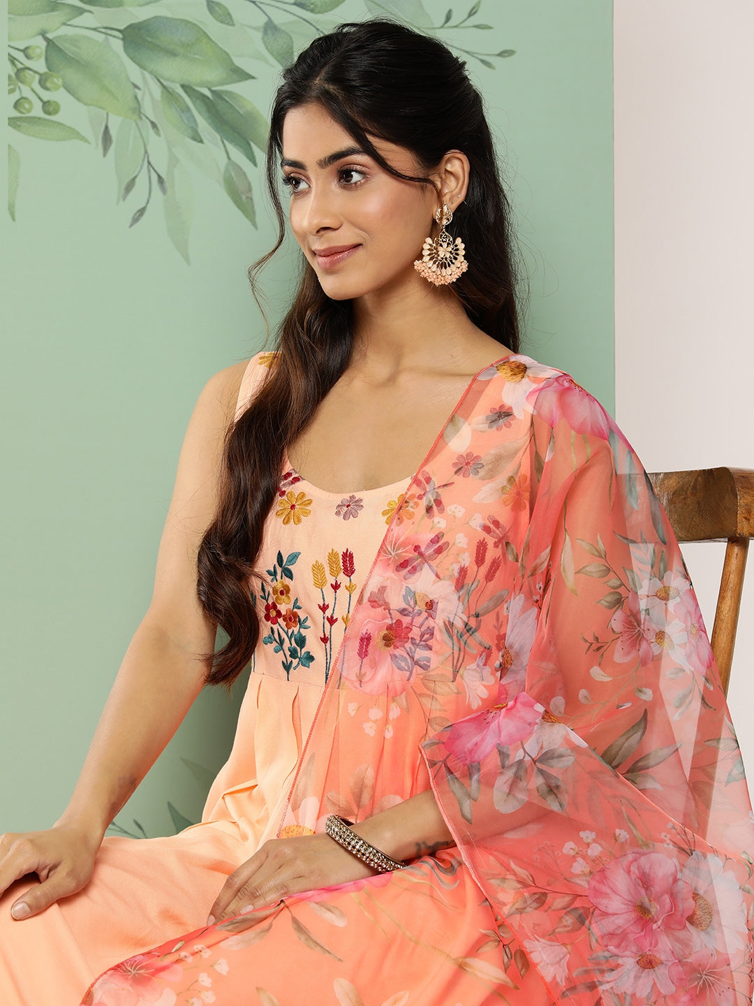 HERE&NOW Women Floral Yoke Design Pleated Thread Work Kurta with Trousers & Dupatta