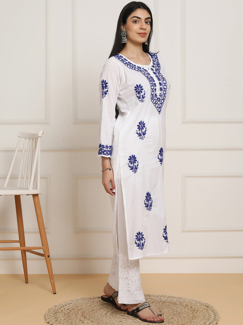 HOUSE OF KARI Women Ethnic Motifs Embroidered Regular Chikankari Pure Cotton Kurta with Trousers