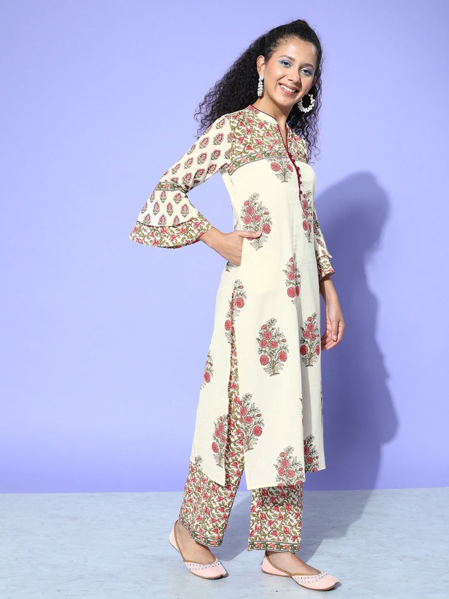 All About You Cream-Coloured Floral Printed Pure Cotton Kurta With Trousers