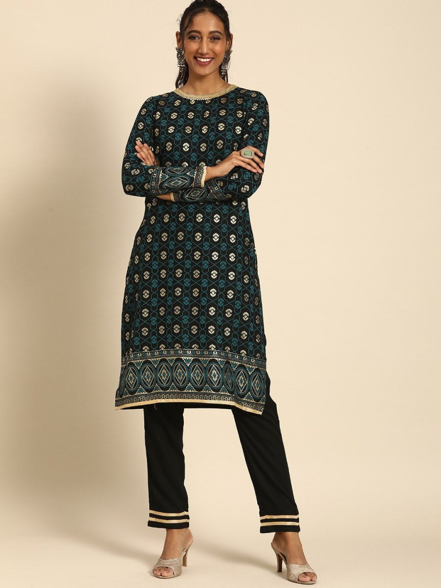 All About You Women Black & Gold-Toned Floral Printed Regular Kurta with Trousers