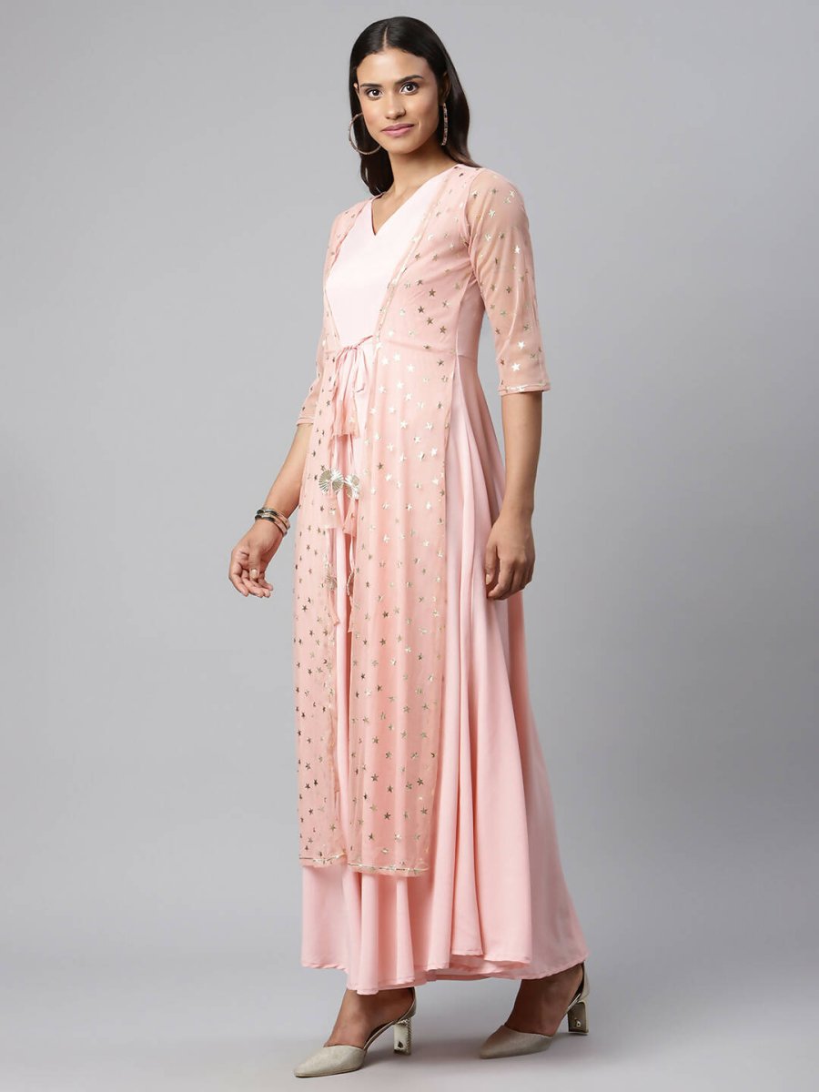 Ahalyaa Women Pink Crepe & Net Foil Print Dress